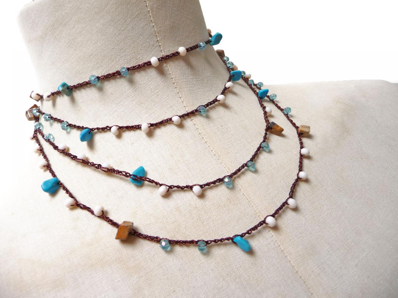 Long Beaded Necklace, Boho Style Multi Wrap Bracelet with Turquoise and Brown Gemstone Chips and Crystals, Rosary Necklace, Crochet Necklace