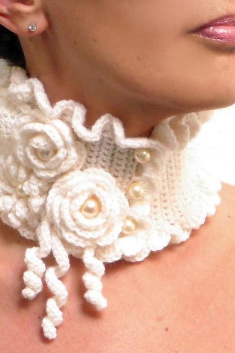 Crocheted White Neckwarmer with Flowers and Glass Pearls - Lux Cowl Choker - WHITE GARDEN