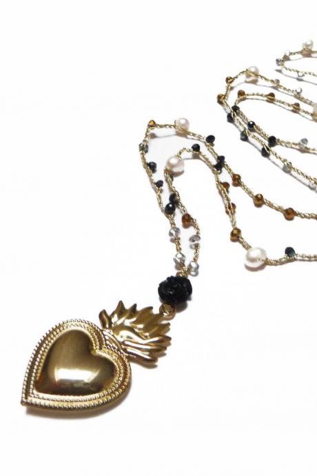 Gold Sacred Heart Necklace, Long Beaded Crochet Necklace with Fresh Pearls + Gold Silver Black Crystals, Milagro Heart Pendant Mexican Style