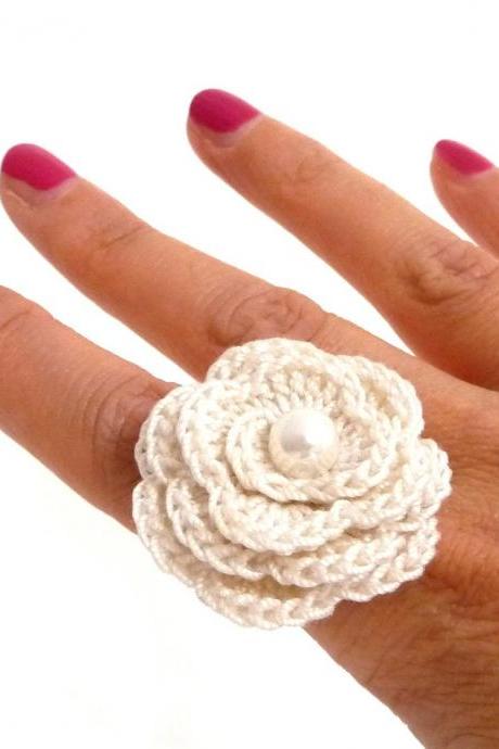 White Crochet Flower Ring - Cotton Rose, Adjustable, Statement, Boho, Romantic Ring - Bridesmaid, Mothers Day, Anniversary, Valentines Gift