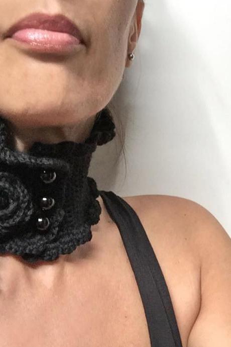 Crocheted Black Neckwarmer with Flowers and Glass Pearls - Lux Cowl Choker - BLACK GARDEN