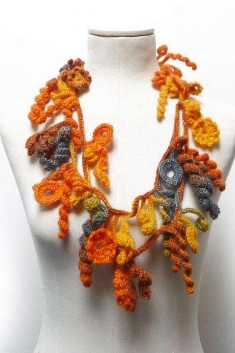 Crochet Freeform Necklace, Orange Yellow Green Wool with Flowers and Leaves, Long Fall Winter Fiber Garland Necklace