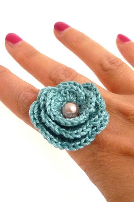 Crochet Flower Adjustable Ring - Mint Green Cotton Rose, Summer, Spring, Cocktail, Romantic Ring - Bridesmaid, Best Friend, Valentines Gift