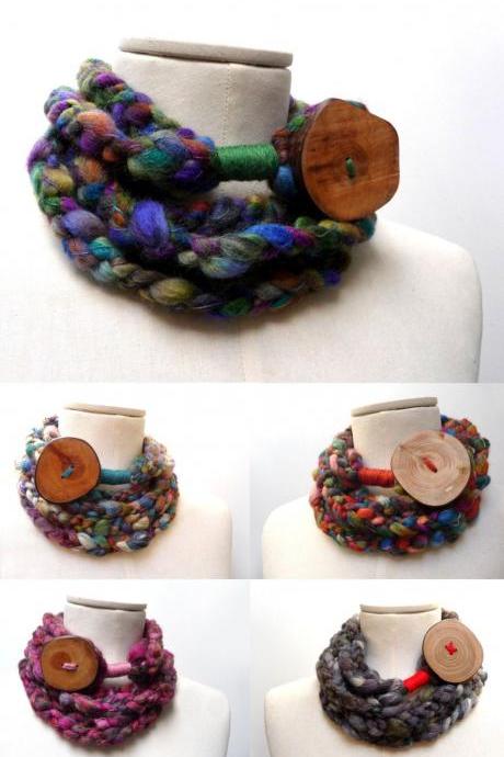 Loop Infinity Scarf Necklace, Crochet Scarflette Neckwarmer - Multicolor yarn with giant wood button - CUSTOM COLOR