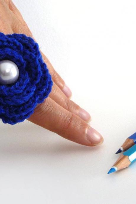 Bright Blue Flower Ring - Crochet Wool Rose, Adjustable, Boho, Statement, Romantic Ring - Bridesmaid, Best Friend, Mom, Valentines Gift