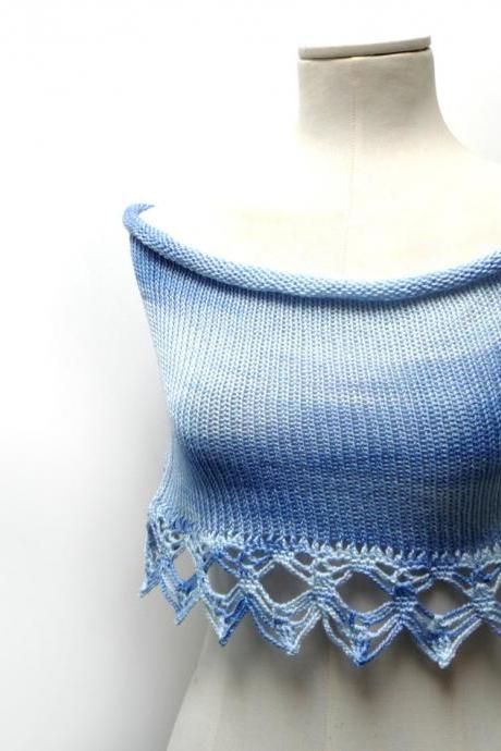 Hand Knit Cotton Capelet Shrug With Crochet Lace - Tye Dye Light Blue Shoulder Wrap - Cotton Mini Skirt - Beach Skirt
