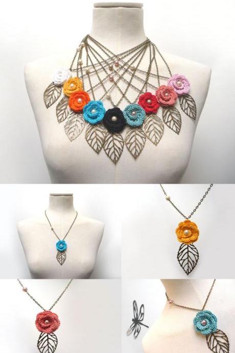 Crochet Flower Necklace with Brass Chain and Leaf - Cotton flower with metal leaf and pearls - Choose the color