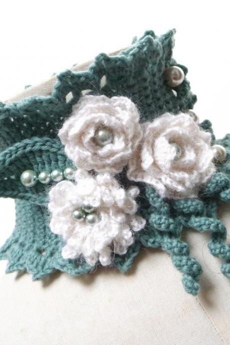 Crocheted Sage Green Neckwarmer with White Alpaca Flowers and Glass Pearls - Lux Cowl Choker - WINTER GARDEN