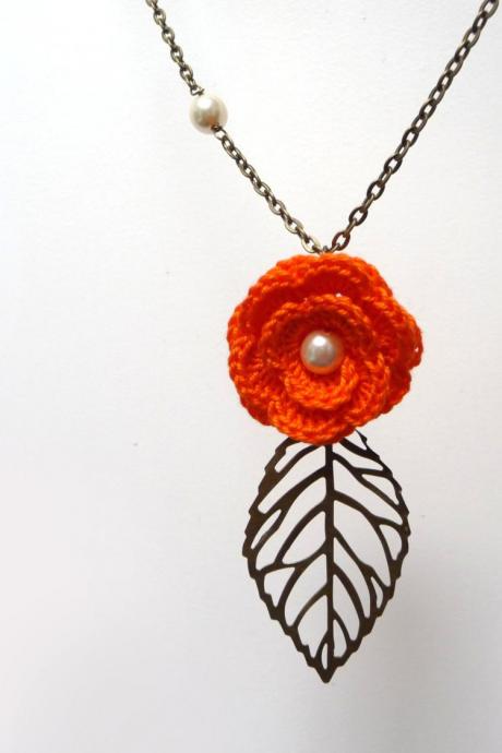 Crochet Flower Necklace with Brass Chain and Leaf - Orange cotton flower with pearls - Choose the color