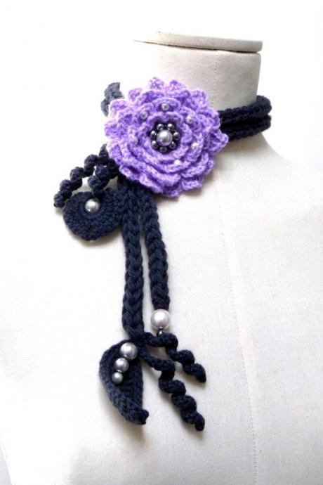 Crochet Lariat Necklace - Lavender, Lilac Flower and Grey Leaves with Glass Pearls - Made to Order - LITTLE PEONY
