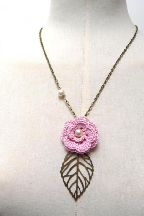 Crochet Flower Necklace With Brass Chain And Leaf - Pink Cotton Flower With Pearls - Choose The Color