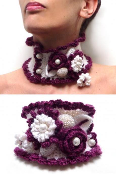 Crochet Cowl Neck Scarf, Neckwarmer, Collar - White And Plum Purple Wool Choker Necklace With Flowers And Leaves - Christmas Gift