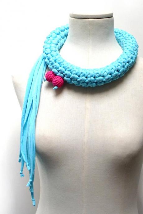 Crochet Statement Necklace - Turquoise Upcycled Jersey Yarn - Jersey Scarf Cowl - Crochet Jewelry - Textile Necklace