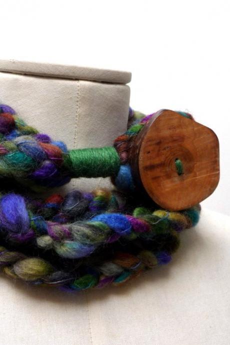 Loop Infinity Scarf Necklace, Crochet Scarflette Neckwarmer - Green, Purple, Blue, Brown multicolor yarn with giant wood button