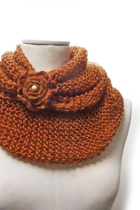 Knit Infinity Scarf, Oversized Scarf, Brown Loop Scarf, Extra Chunky Cowl, Hand Knit Long Snood, Rusty Orange Wool Scarf with Flower