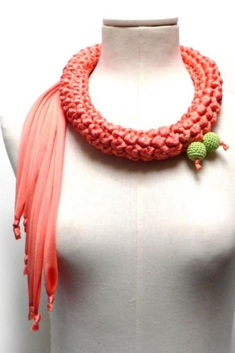 Crochet Statement Necklace - Peach Pink / Orange Upcycled Jersey Yarn - Jersey Scarf Cowl - Crochet Jewelry - Textile Necklace