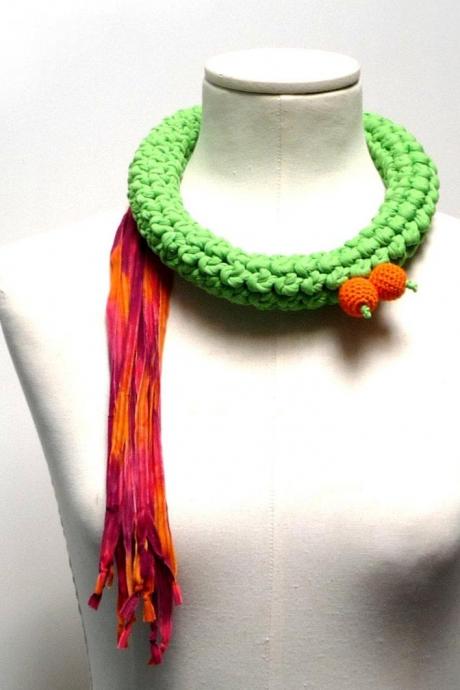 Crochet Statement Necklace - Lime Green Upcycled Jersey Yarn and Orange Ribbons - Jersey Scarf Cowl - Crochet Jewelry - Textile Necklace