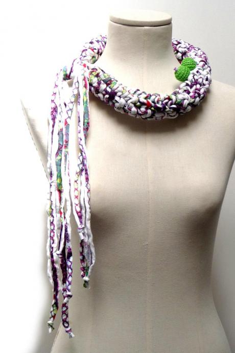 Crochet Statement Necklace - White Purple Lime Green Upcycled Jersey Yarn - Jersey Scarf Cowl - Crochet Jewelry - Textile Necklace