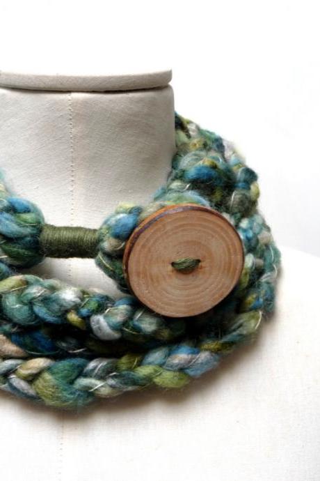 Loop Infinity Scarf Necklace, Crochet Scarflette Neckwarmer - Green, Teal, Olive, Cream multicolor yarn with giant wood button
