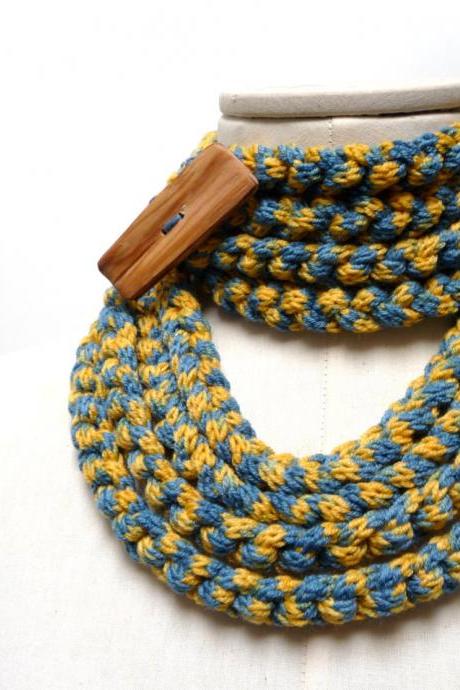 Knit Infinity Scarf Necklace, Loop Scarlette Neckwarmer - Mustard Yellow and Denim Blue with wood button - Handmade