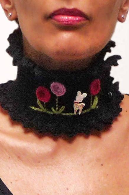 Black Collar Neckwarmer with a Little Deer and Big Flowers - Crochet Wool Choker Necklace with Fawn, Bambi, Deer - OH DEER