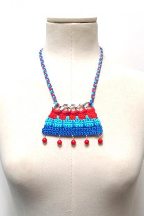 Crochet Cotton and Chain Necklace Choker - Color Block Statement Necklace - Silver chain with red, turquoise, blue cotton