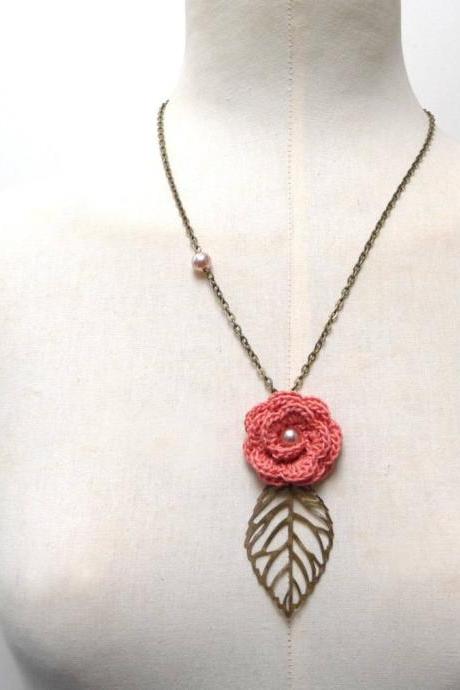 Crochet Flower Necklace With Brass Chain And Leaf - Peach Pink / Coral / Salmon Cotton Flower With Pearls - Choose The Color