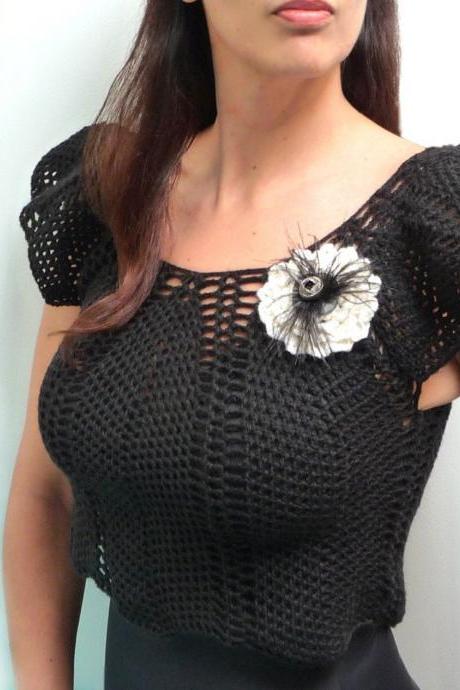 Crochet Black Vest - Romantic lace sleeveless sweater / tank top with ruffled shoulder and white brooche - ALIZEE