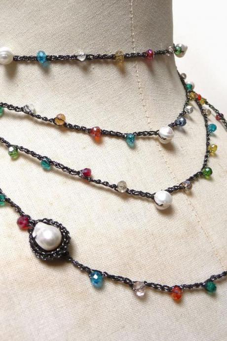 Long Beaded Necklace, Boho Style Multi Wrap Bracelet with Fresh Pearls and Rainbow Tiny Crystals, Rosary Necklace, Crochet Necklace