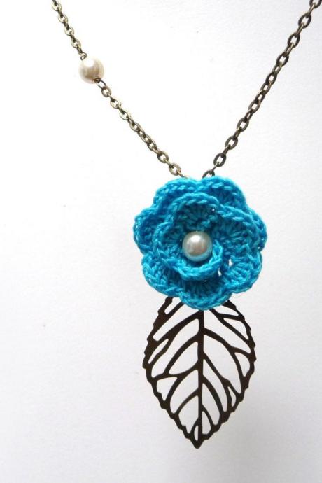 Crochet Flower Necklace with Brass Chain and Leaf - Turquoise cotton flower with pearls - Choose the color