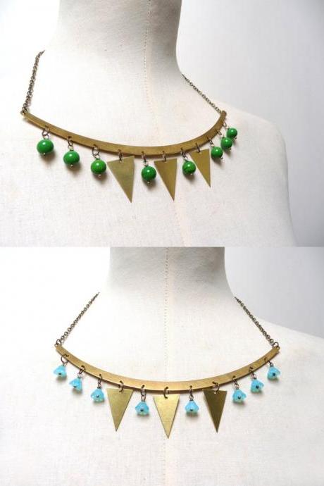 Gold brass garland necklace, triangles and green glass beads, geometric jewelry