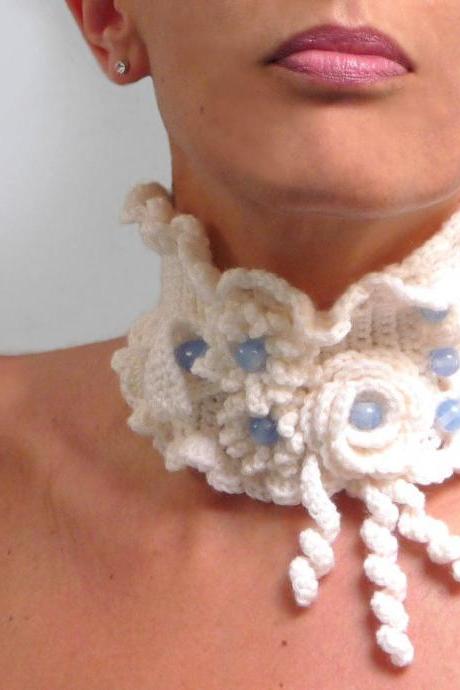 Crochet White Collar Neckwarmer, Wool Choker Necklace with Flowers and Blue Glass Pearls, White Collar, Wool Neckwarmer - WHITE GARDEN