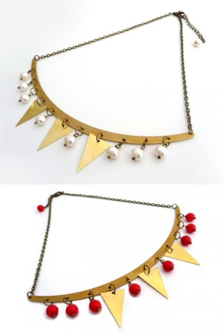 Gold brass garland necklace, triangles and red glass beads, geometric jewelry