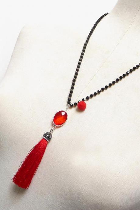 Red Tassel Necklace with Black Beaded Chain - Crystals Chain and Tassel Pendant with Red Focal Stone - Boho Chic Jewelry, Rosary Necklace