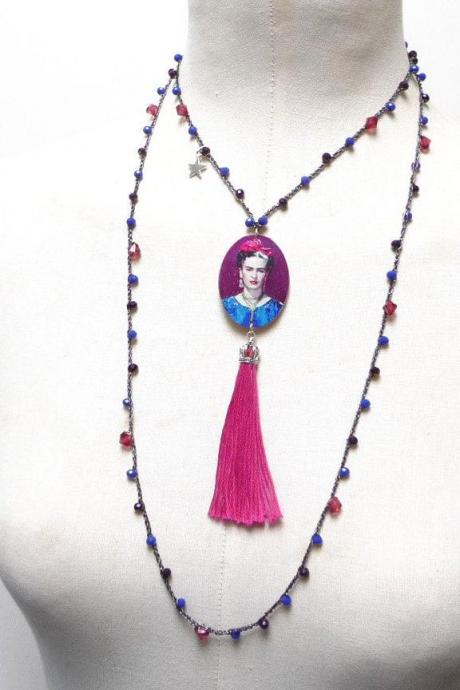 Long Beaded Necklace with Blue, Pink and Purple Crystals, Long Tassel Necklace with Cameo Pendant, Mexican Gipsy Jewelry