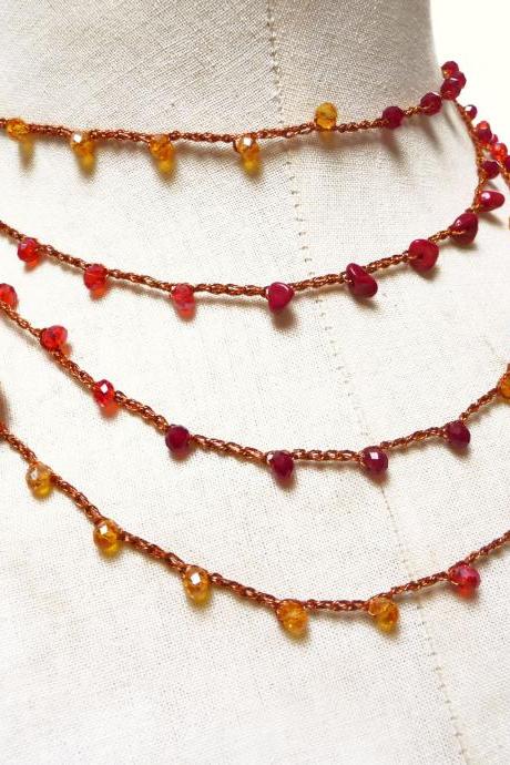 Long Beaded Wrap Necklace with Red Yellow Orange Crystals and Red Coral Chips, Rosary Crochet Necklace, Boho Style Multi Wrap Bracelet