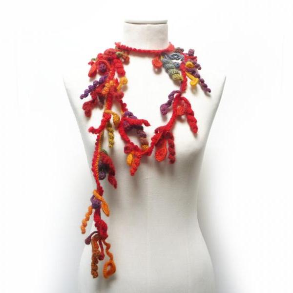 Crochet Freeform Lariat Necklace, Red Orange Yellow Purple Green Wool with Flowers and Leaves, Long Fall Winter Fiber Garland Necklace