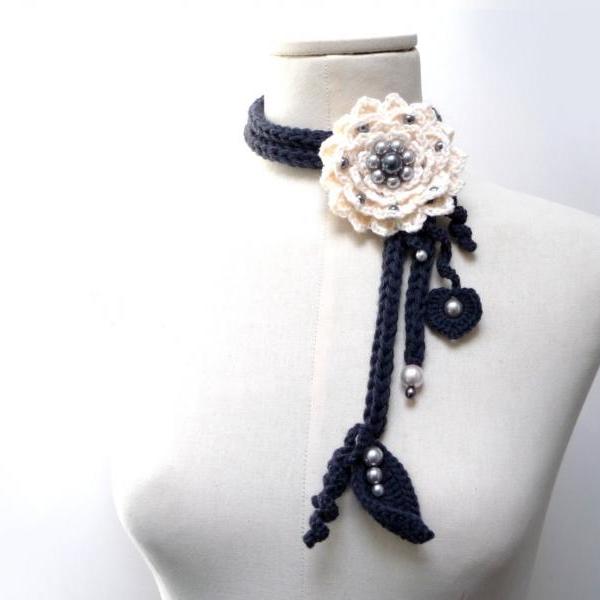 Crochet Lariat Necklace - Cream White Flower and Grey Leaves with Glass Pearls - Made to Order - LITTLE PEONY