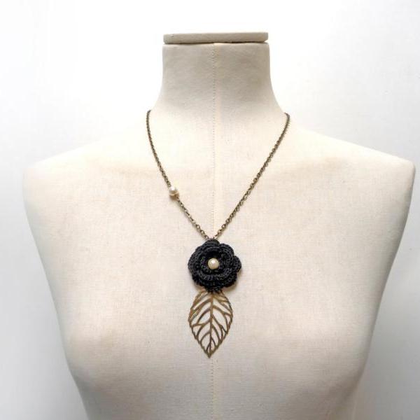 Black Flower Necklace with Brass Chain and Leaf - Crochet cotton flower with pearls - Choose the color