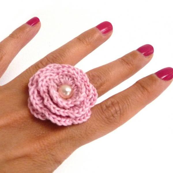 Pink Crochet Flower Ring - Cotton Rose, Adjustable, Statement, Boho, Romantic Ring - Bridesmaid, Mothers Day, Anniversary, Valentines Gift