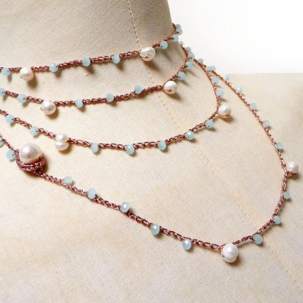 Long Beaded Necklace, Rose Gold Multi Wrap Bracelet with Fresh Pearls and Aquamarine Tiny Crystals, Rosary Necklace, Crochet Necklace