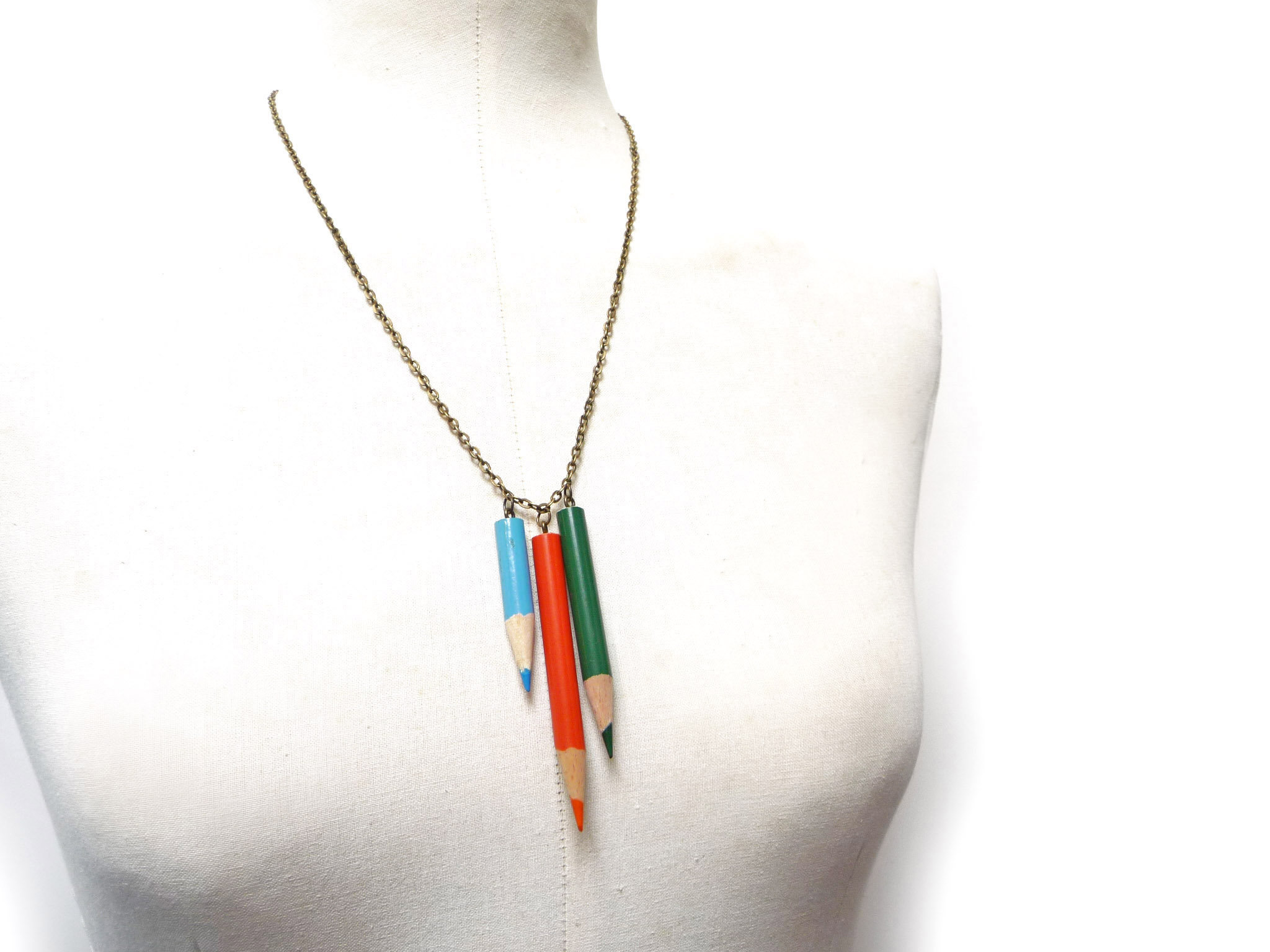 Teacher Gift Idea Color Pencil Necklace With Brass Chain Green Orange