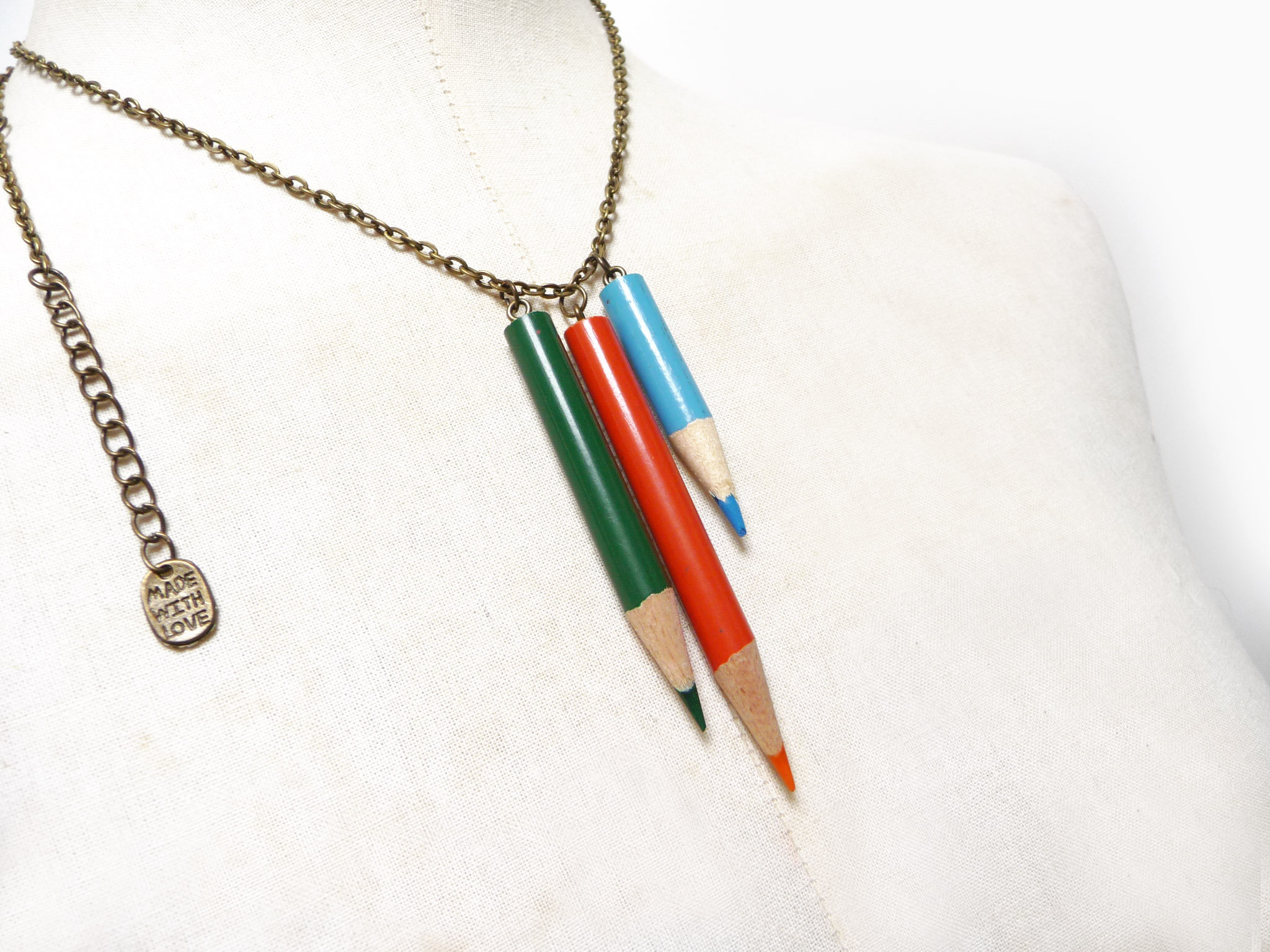 Teacher Gift Idea Color Pencil Necklace With Brass Chain Green Orange